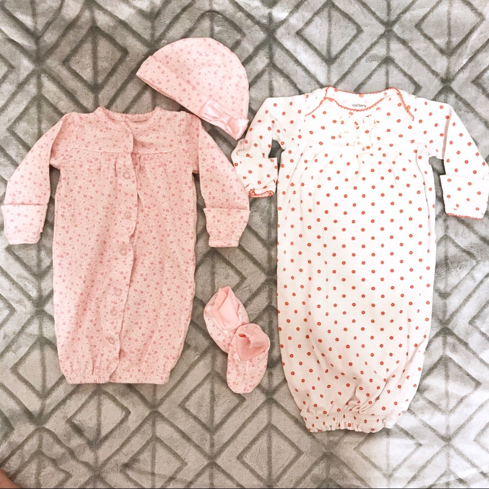 Newborn Girl Gown with Matching Hat & Booties